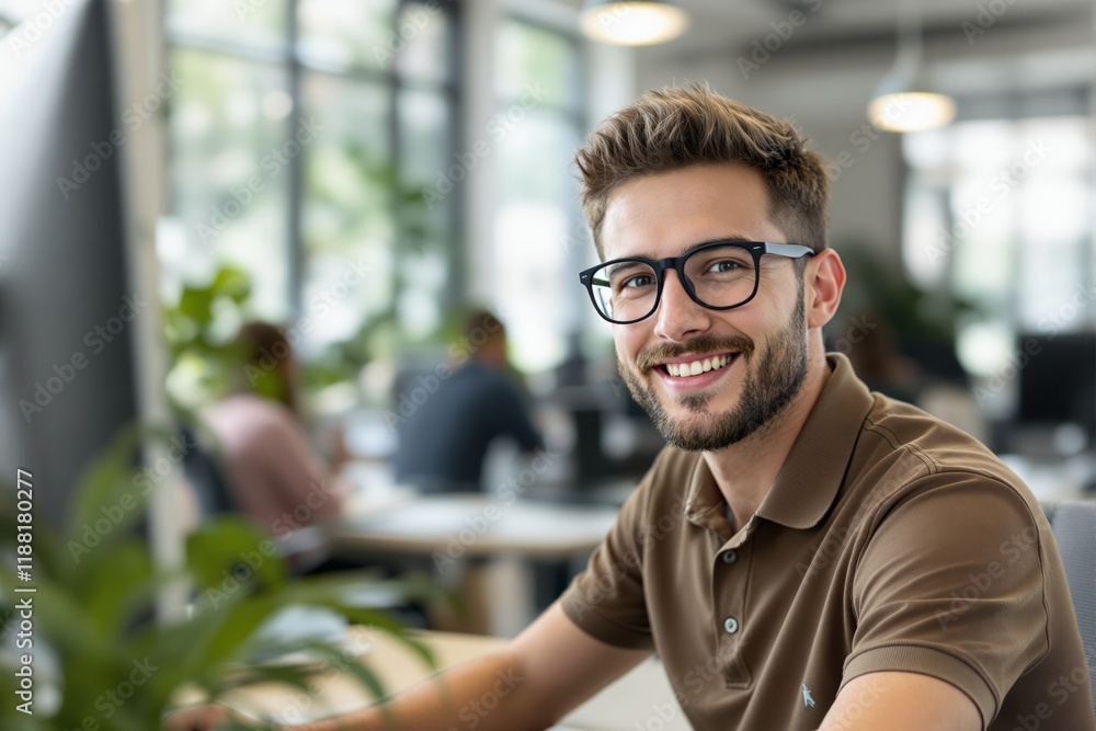 Smiling professional man in modern office setting, surrounded by a collaborative workplace background. Smiling professional man in modern office setting, surrounded by a collaborative workplace background.