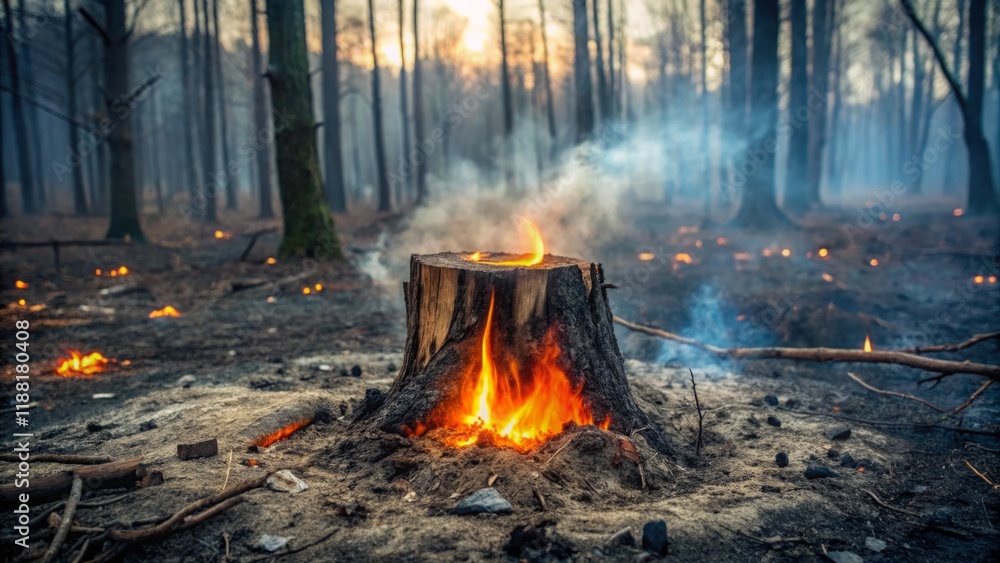 Burning Tree Stump in Smoky Forest Landscape Burning Tree Stump in Smoky Forest Landscape