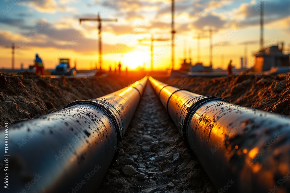 Close-up of industrial pipelines during sunset with construction site in background. Close-up of industrial pipelines during sunset with construction site in background.