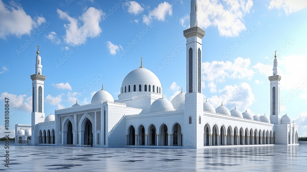 Fototapeta premium A magnificent white mosque with multiple domes and minarets