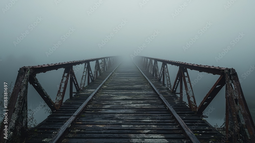 Mysterious Foggy Bridge Over Water with Rusty Rails and Quiet Atmosphere Mysterious Foggy Bridge Over Water with Rusty Rails and Quiet Atmosphere