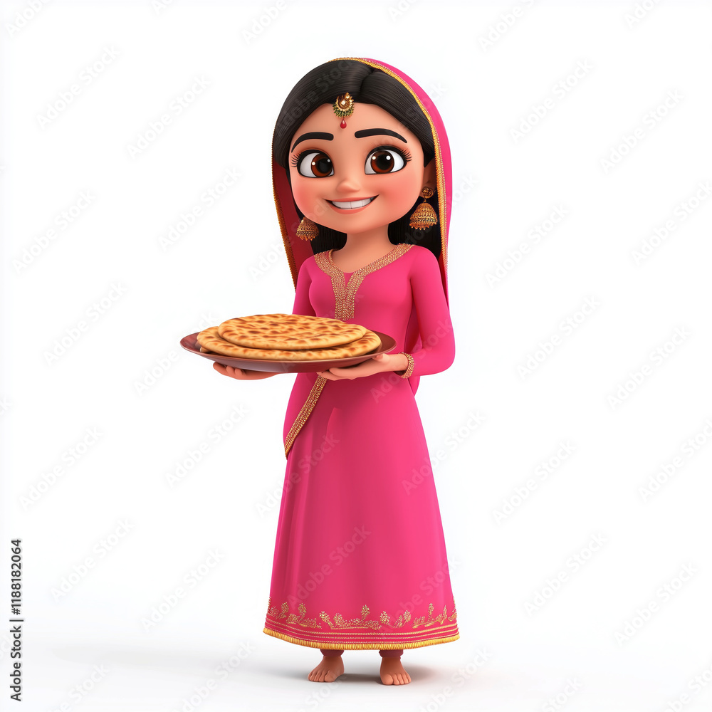 3D Loving Punjabi Woman Face Emoji, Transparent Design, Holding a Plate of Parathas and Smiling Warmly.. 3D Loving Punjabi Woman Face Emoji, Transparent Design, Holding a Plate of Parathas and Smiling Warmly..