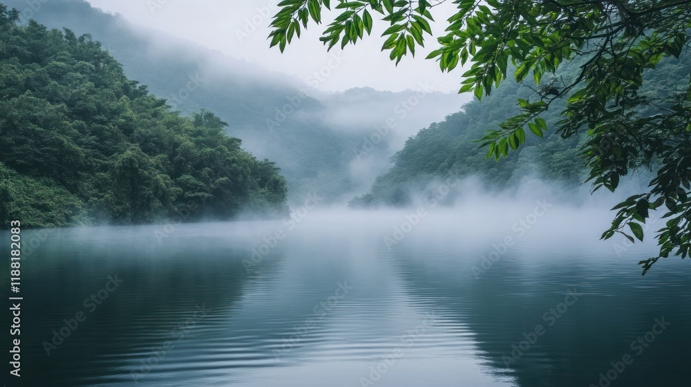 Serene Misty Lake Surrounded By Lush Green Mountains Serene Misty Lake Surrounded By Lush Green Mountains