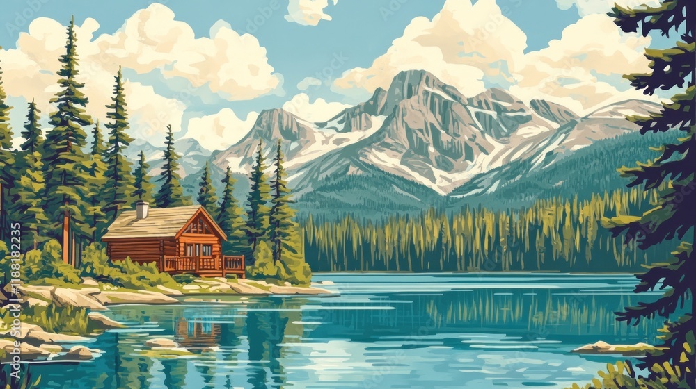 Fototapeta premium Mountain Lake Cabin Scenic Summer Landscape