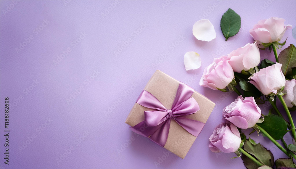rose and gift box, Purple background, copyspace, Generated image rose and gift box, Purple background, copyspace, Generated image