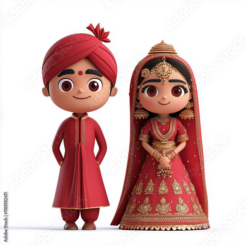 3D North Indian bride and groom emoji in traditional attire, celebrating wedding pheras, transparent background. photo