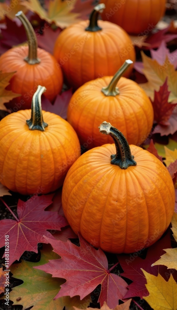 Several pumpkins surrounded by a pile of multicolored autumn leaves , arrangement, autumn Several pumpkins surrounded by a pile of multicolored autumn leaves , arrangement, autumn