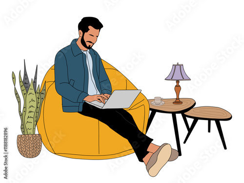 Man working on laptop, relaxing on cozy bean bag chair. Freelance guy work from home, sitting on beanbag sin comfortable interior. Flat vector illustration isolated on transparent background