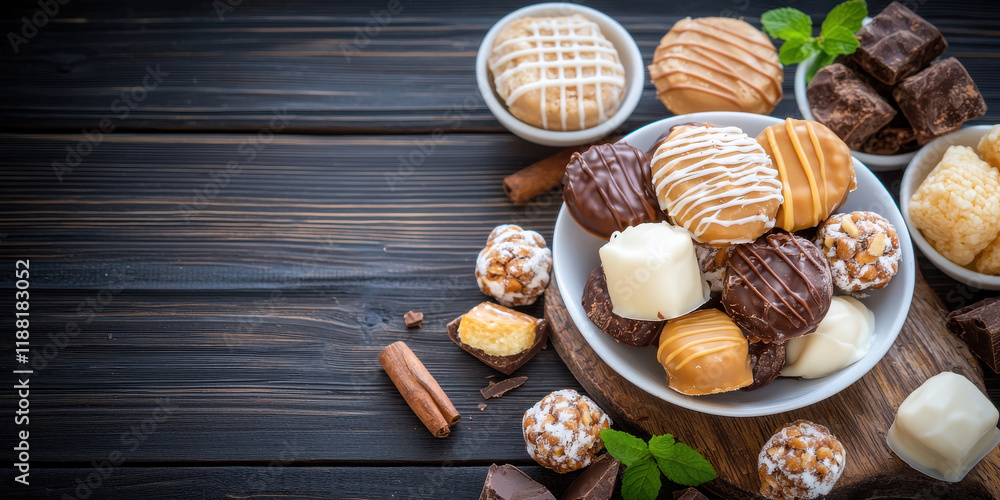 Delicious assortment of handcrafted pralines and cookies on wooden table Delicious assortment of handcrafted pralines and cookies on wooden table