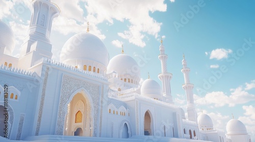 Majestic White Mosque Domes and Minarets Under a Blue Sky photo