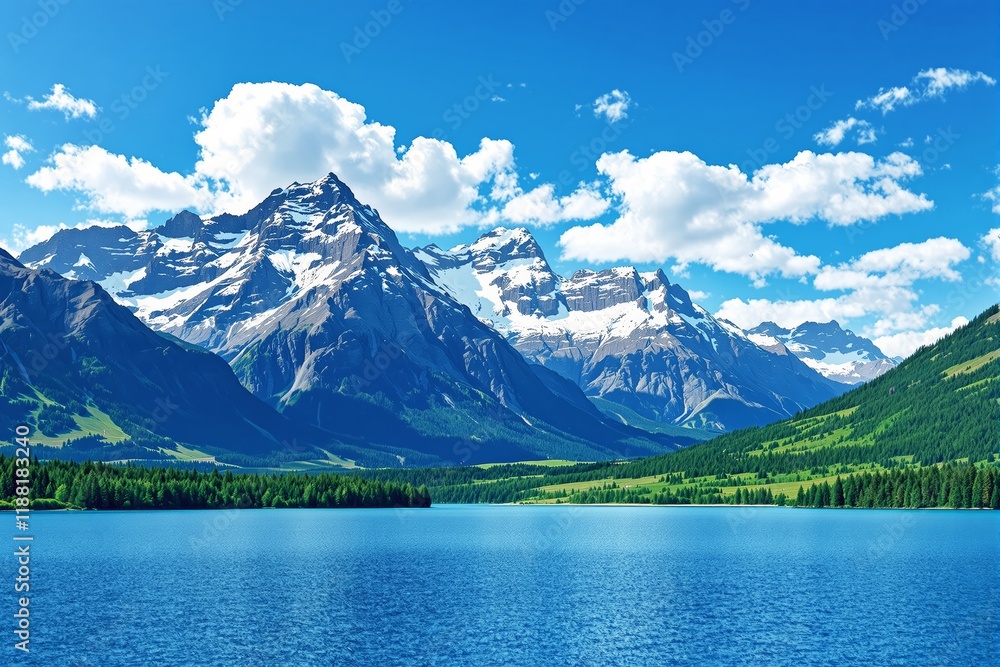 Naklejka premium Majestic snow-covered mountain peaks with lush greenery and a serene blue lake under a bright sky with fluffy white clouds.