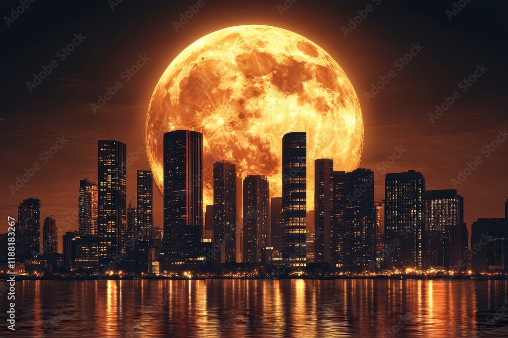 Fototapeta premium Majestic moonrise over a vibrant city skyline, luminous orb casting a soft glow on contemporary architecture, enchanting urban night scene