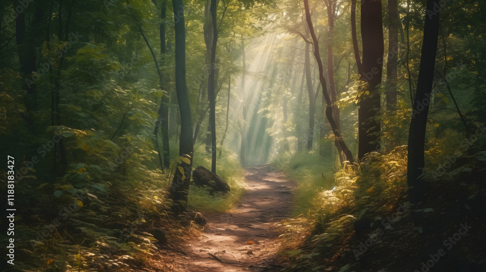 Obraz premium Sunlit forest path through dense trees