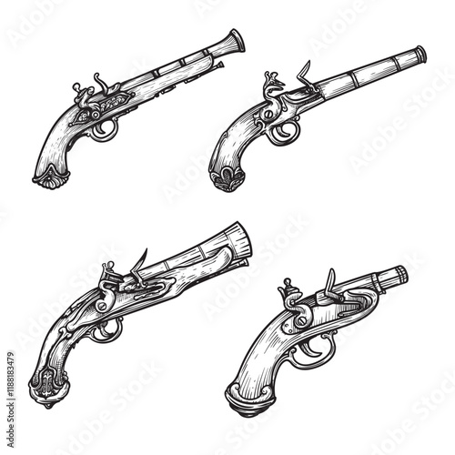 Old guns set. Vintage flintlock pistols. Hand drawn sketch style. Best for pirate themed designs. Vector illustrations collection. photo