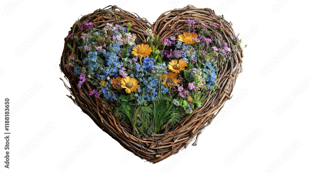 Heartfelt Floral Wreath: A rustic heart-shaped wreath woven from natural twigs, overflowing with a vibrant medley of purple, yellow, and blue wildflowers, embodies the essence of love and nature. Heartfelt Floral Wreath: A rustic heart-shaped wreath woven from natural twigs, overflowing with a vibrant medley of purple, yellow, and blue wildflowers, embodies the essence of love and nature.