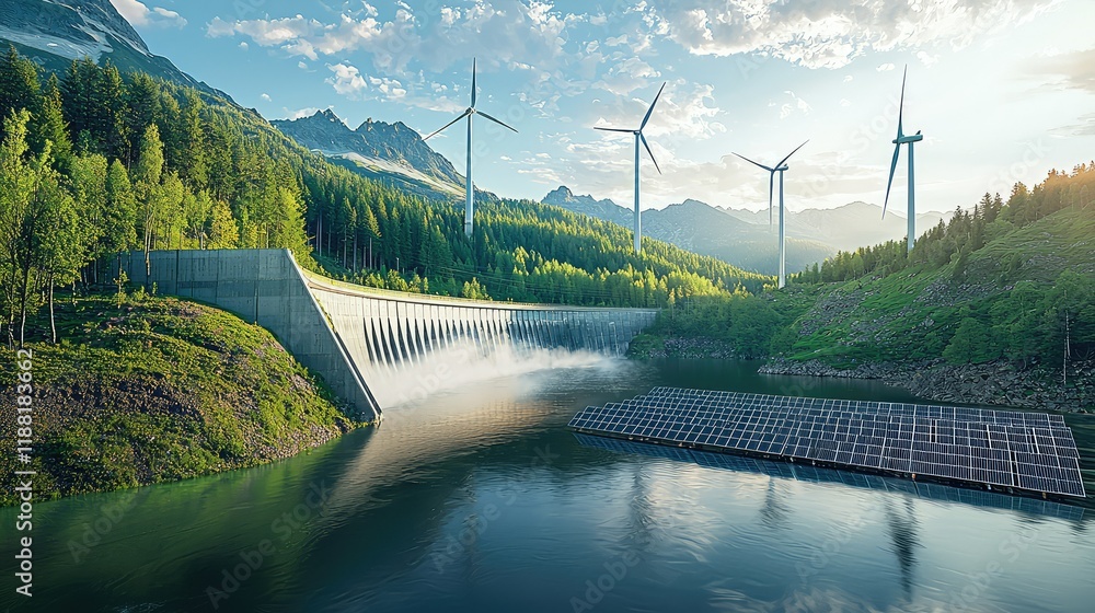 Fototapeta premium Renewable Energy Landscape with Wind Turbines and Solar Panels