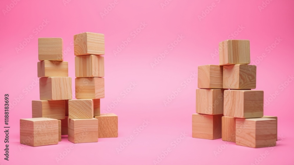 Wooden building blocks stacked on pink background, showcasing simple geometry and natural texture. Wooden building blocks stacked on pink background, showcasing simple geometry and natural texture.
