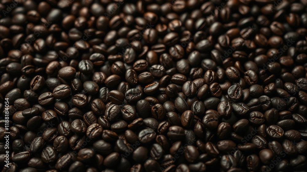 Fototapeta premium A close-up photograph of a dense, rich, and aromatic collection of roasted coffee beans, showcasing the intricate details and warm, inviting colors of this popular beverage ingredient.