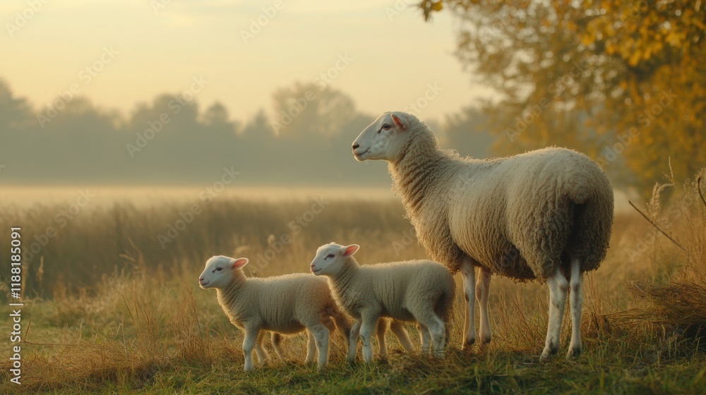 Fototapeta premium Serene Morning in the Countryside Featuring a Sheep and Two Lambs Standing on a Misty Meadow with Soft Green Grass and Autumn Colors in the Background