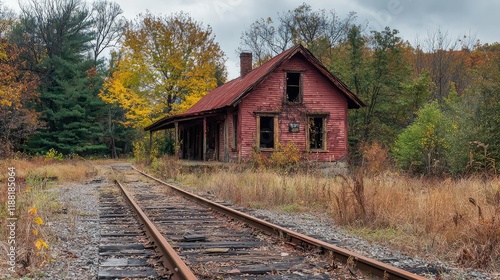 Wallpaper Mural Abandoned Train Station Surrounded by Autumn Foliage and Nature Torontodigital.ca