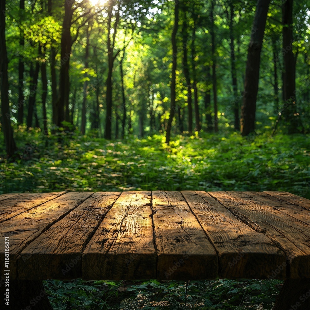 A rustic wooden table overlooks a sunlit forest, creating a serene and natural scene with a warm and inviting atmosphere.