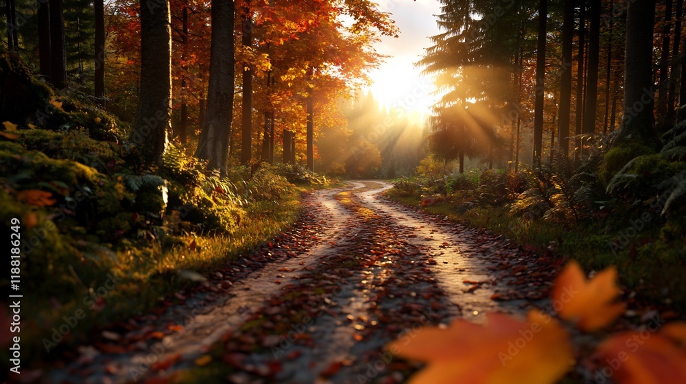 Fototapeta premium Autumnal Forest Path: Sunlit Trail Through Golden Leaves