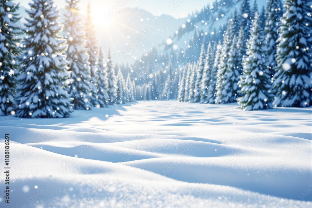Snowy landscape with evergreen trees, snowflakes, sunlight, and soft snowdrifts. Snowy landscape with evergreen trees, snowflakes, sunlight, and soft snowdrifts.