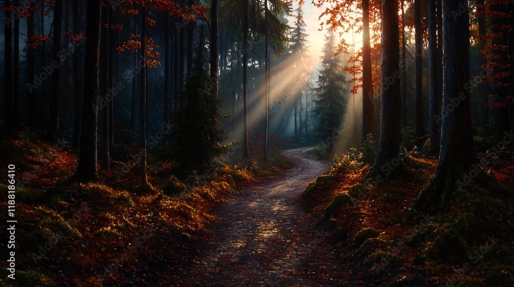 Obraz premium Sunbeams Illuminating Autumnal Forest Path