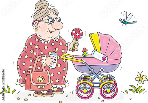 Funny granny nanny with a toy rattle and a small milk bottle walking with a baby stroller in a summer park, vector cartoon illustration isolated on a white background