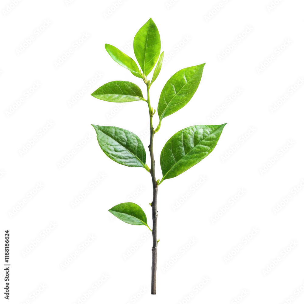 Obraz premium Green tea leaves with branches isolated on transparent background.