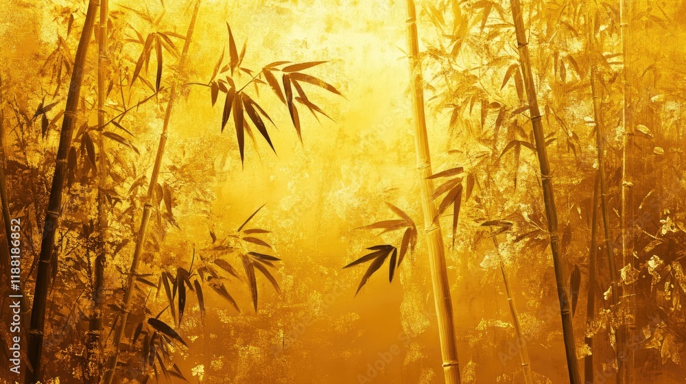 Obraz premium A serene depiction of bamboo stalks against a glowing golden background,
