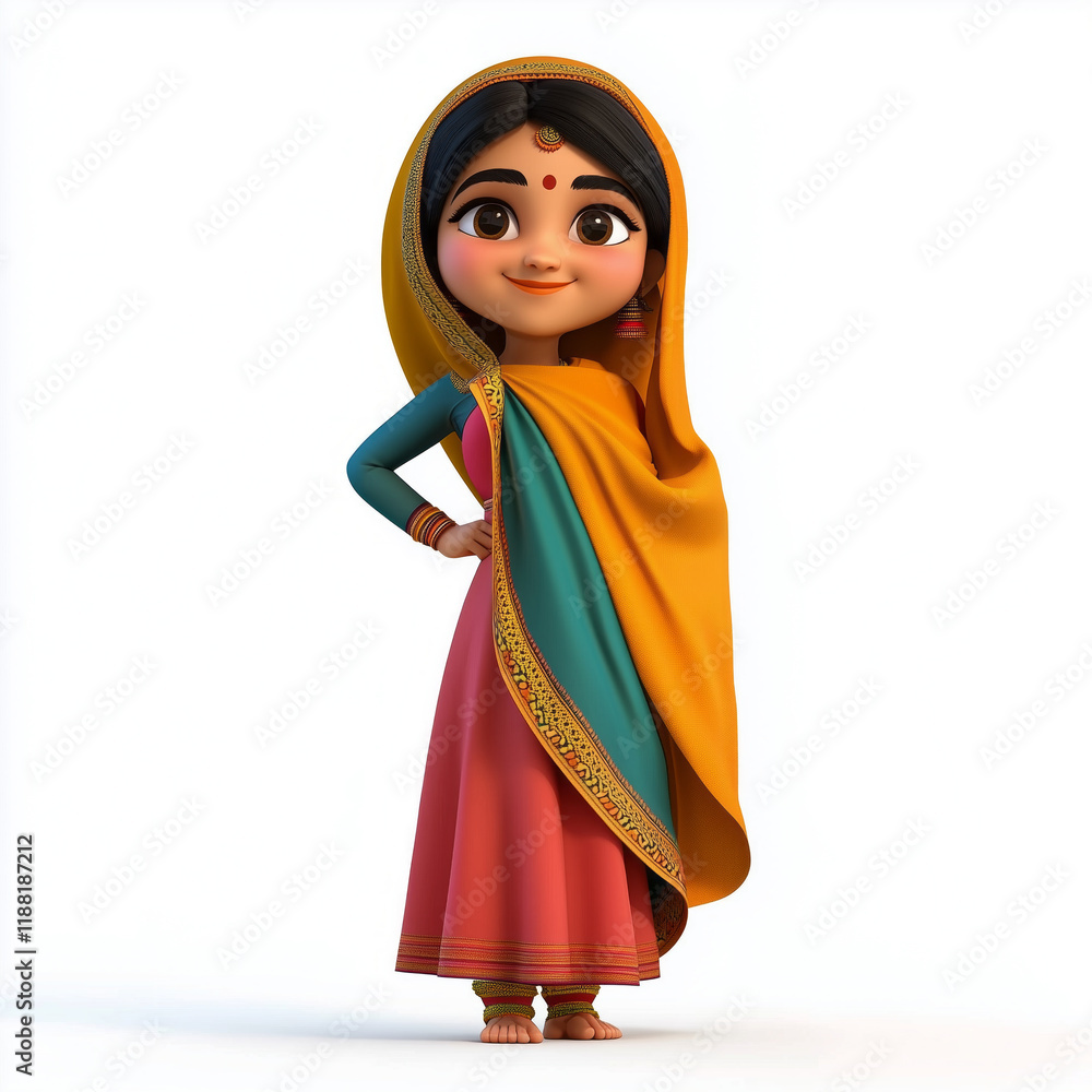 3D Punjabi woman emoji with hands on hips, colorful dupatta, standing with pride, transparent background. 3D Punjabi woman emoji with hands on hips, colorful dupatta, standing with pride, transparent background.