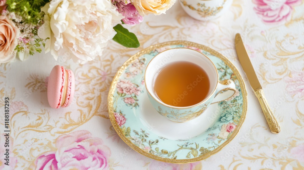 Elegant Teacup Saucer And Flowers On Table Elegant Teacup Saucer And Flowers On Table