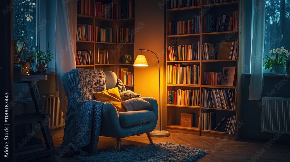Fototapeta premium Cozy Reading Nook with Armchair and Bookshelf in Evening Light