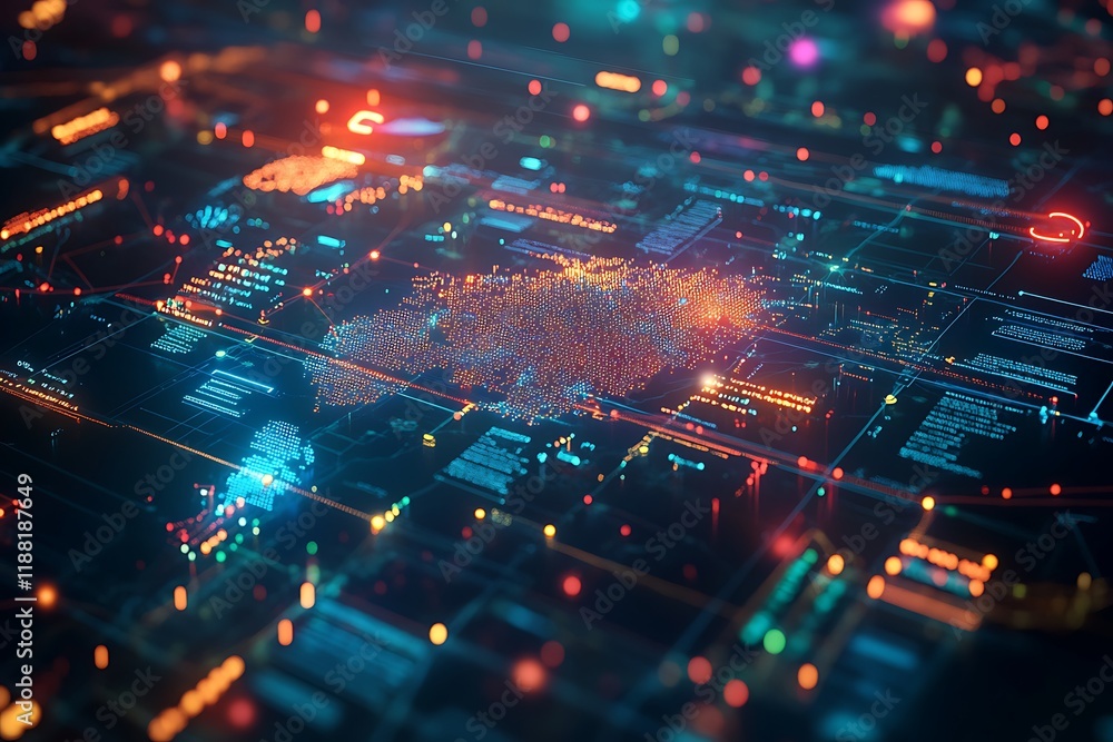 A futuristic interface displaying a colorful, real-time map of global internet traffic, with glowing pathways showing data flow between major tech hubs A futuristic interface displaying a colorful, real-time map of global internet traffic, with glowing pathways showing data flow between major tech hubs