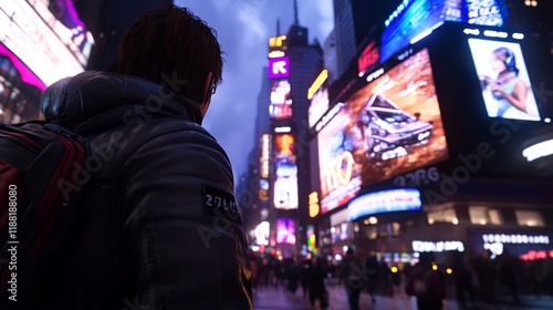 Night in Times Square: A lone figure explores the vibrant heart of New York City, surrounded by dazzling lights and bustling crowds.