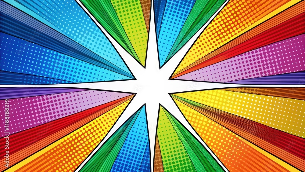 Fototapeta premium Colorful comic book style strip with geometric shapes and bold lines in a radial pattern on a white background, Comic Book Pop Art Strip Radial Backdrop, Geometric Patterns