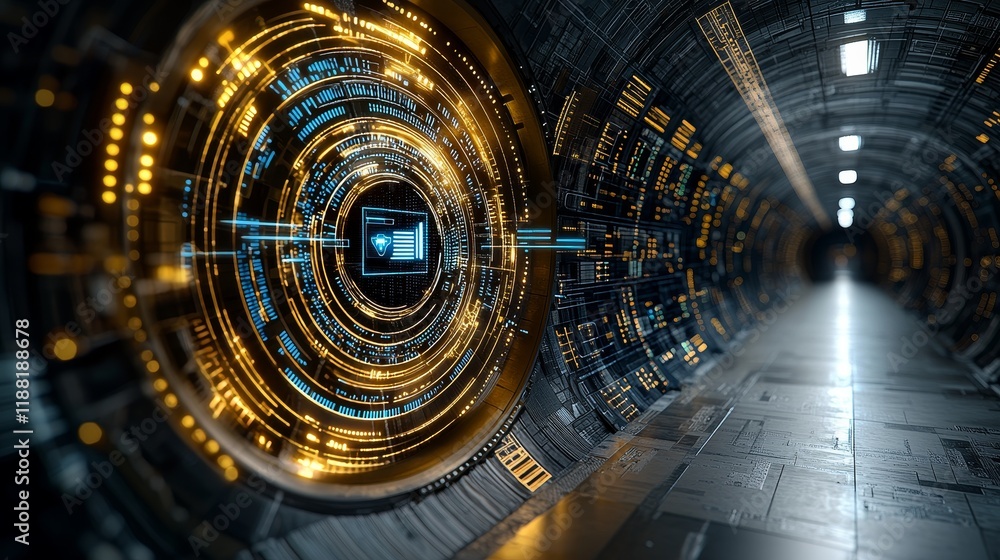 Futuristic sci-fi tunnel with digital interface and glowing circuitry lights Futuristic sci-fi tunnel with digital interface and glowing circuitry lights