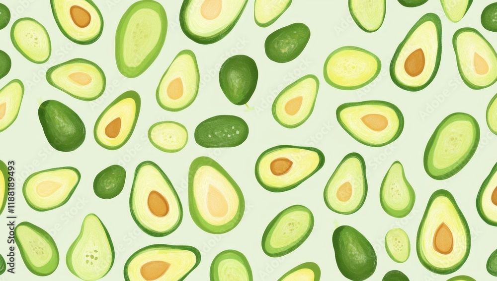 Seamless pattern of whole and halved avocados on light green background. Seamless pattern of whole and halved avocados on light green background.