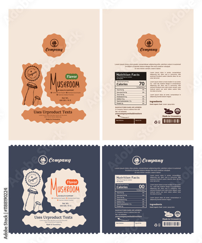 Vintage modern organic mushroom supplement Label, eco-friendly style with hand-drawn product for Stand-up pouch bag food packaging and health products.