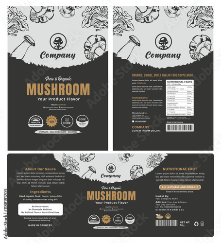 Modern mushroom packaging featuring a custom eco-friendly food product label with a black and white design.