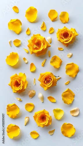 Yellow roses, petals, flatlay, white background, design. (1) photo