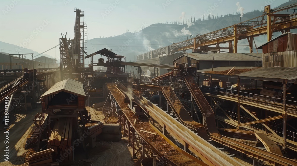 A bustling industrial site with machinery and conveyor belts, processing materials against a mountainous backdrop. A bustling industrial site with machinery and conveyor belts, processing materials against a mountainous backdrop.