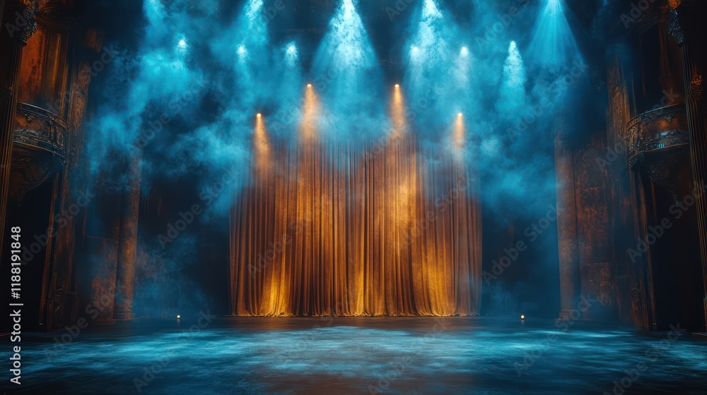 Fototapeta premium A vast concert stage with spotlights shining down, an empty backdrop