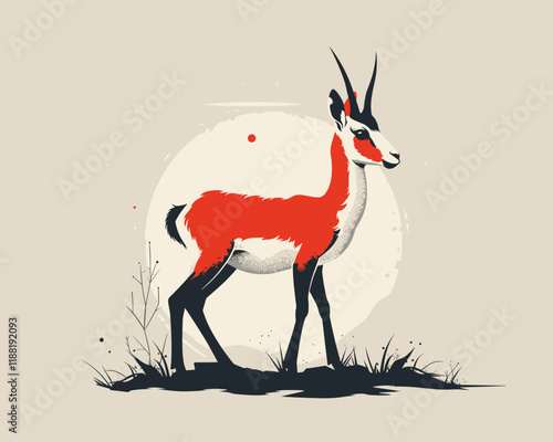 Red and black deer is walking through a field. The image has a calm and peaceful mood, with the deer being the main focus