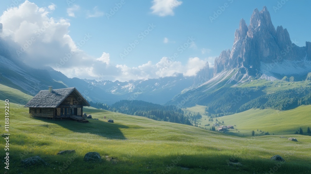 Mountain Cabin Meadow Scenic Landscape View Mountain Cabin Meadow Scenic Landscape View