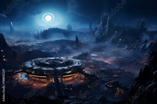 A mysterious futuristic landscape illuminated by a bright moon, featuring unique structures and rugged terrain. photo