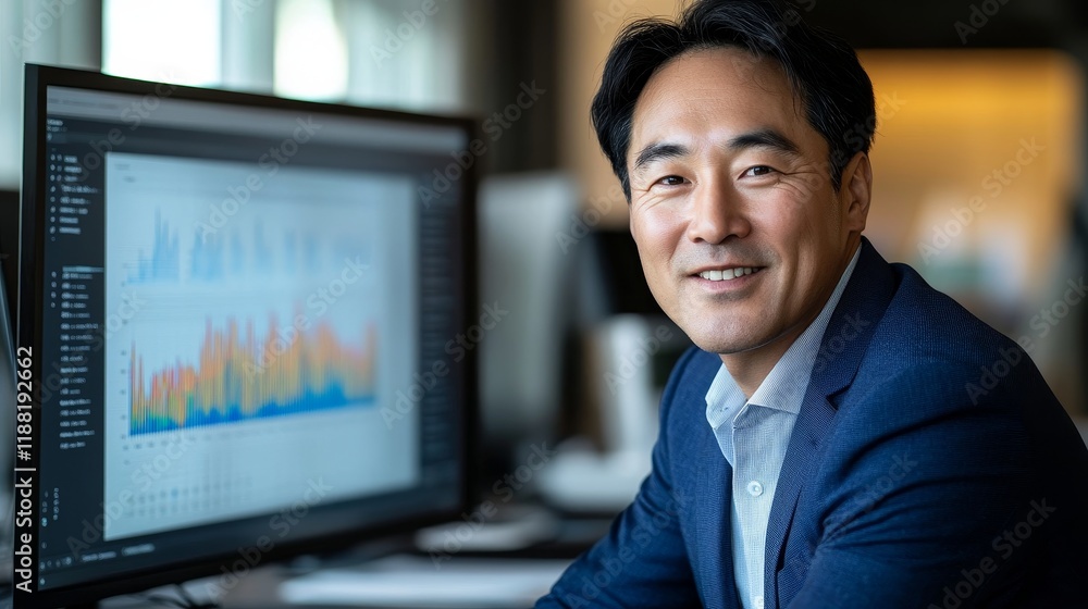Asian male adult analyzing business data on computer in office setting Asian male adult analyzing business data on computer in office setting