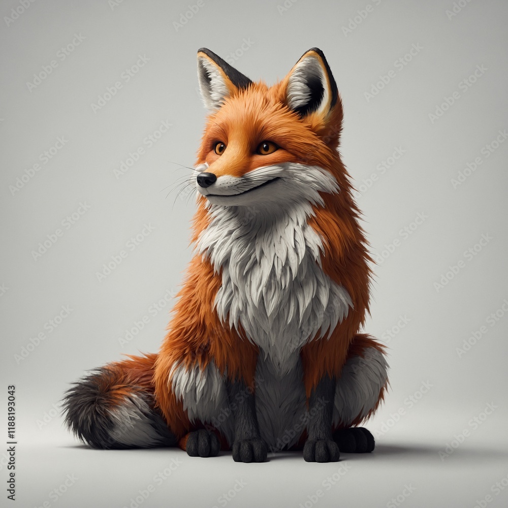 Fototapeta premium A realistic red fox sitting on a white background, staring directly at the viewer.