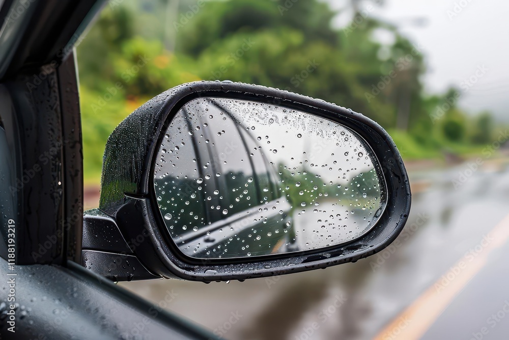 A car side mirror with raindrops reflecting a green landscape and wet road. A car side mirror with raindrops reflecting a green landscape and wet road.